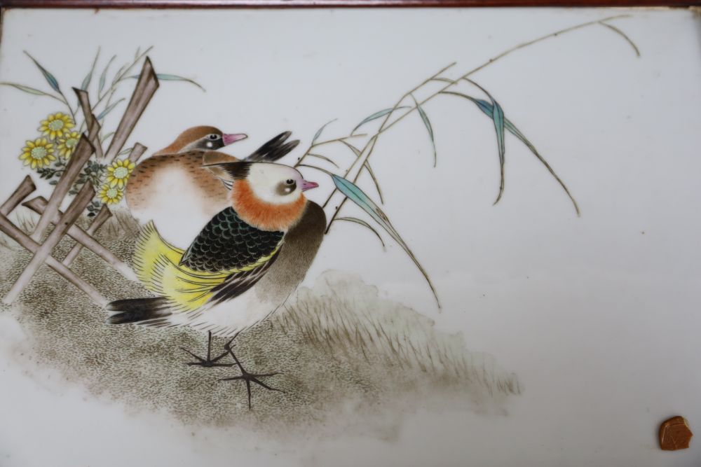 A 20th century Chinese porcelain plaque painted with birds, flowers and bamboo 25cm x 37.5cm